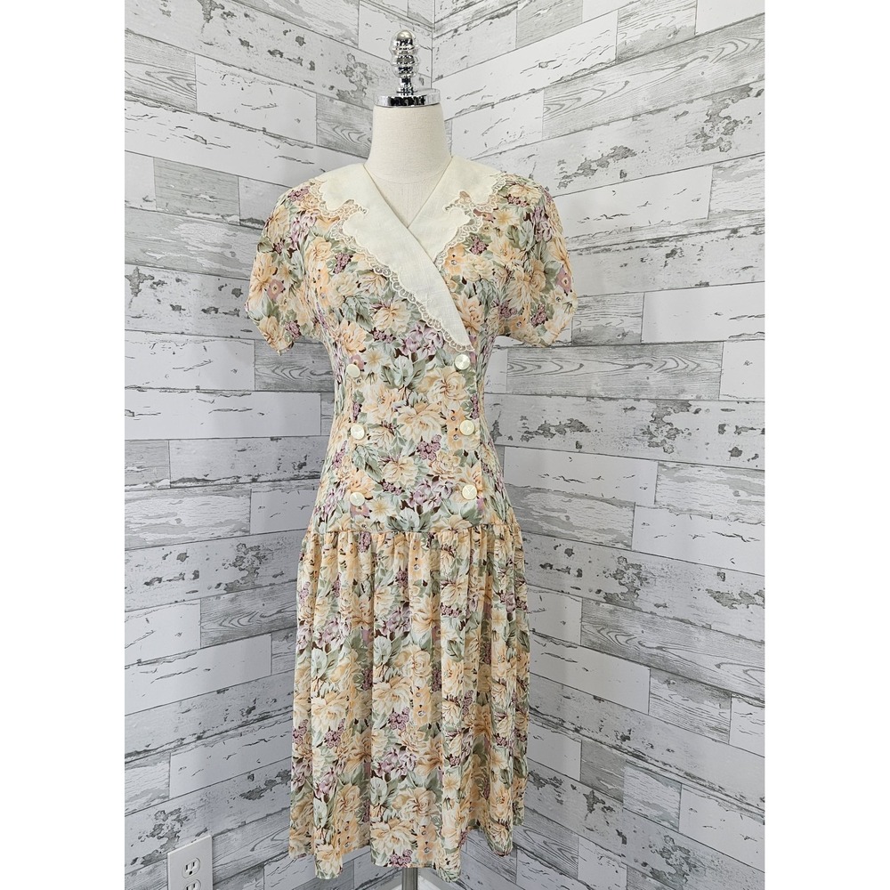 Carriage Court Vintage Womens Petites 6P Floral Midi Dress Surplice Collar